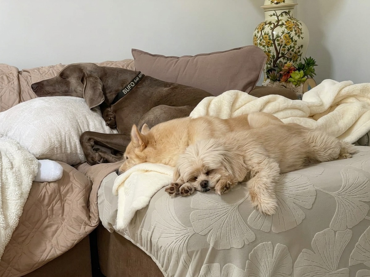 Three dogs resting together on blankets on a sofa during half day pet care
