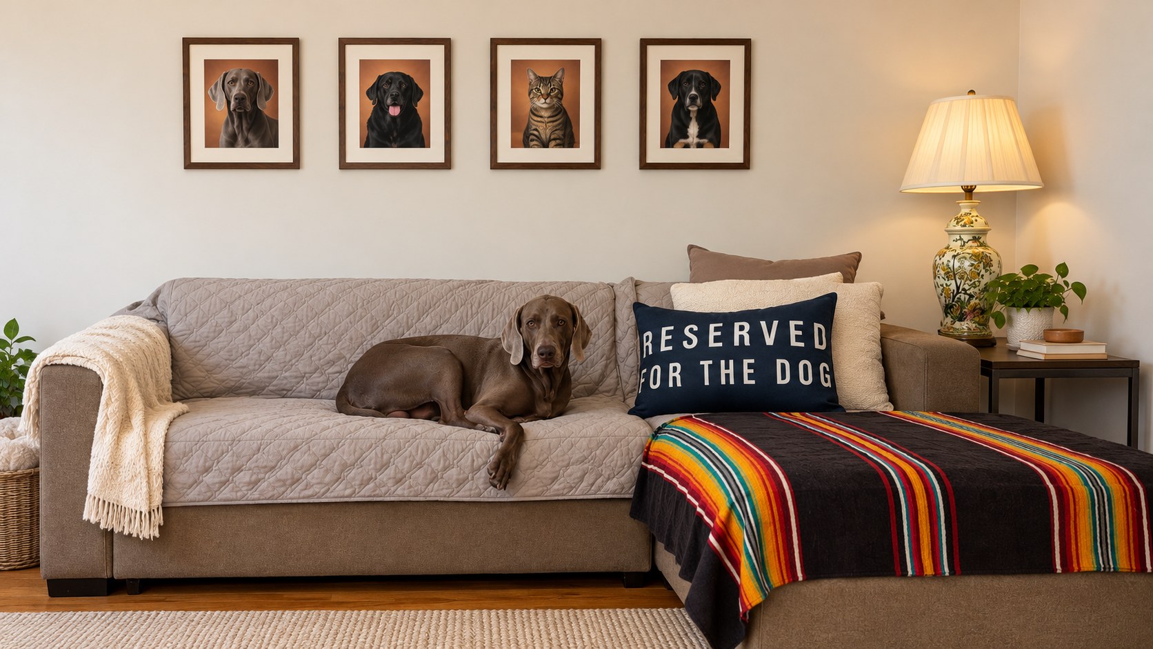 Weimaraner resting on a sofa in a Hamptons living room during a home boarding stay