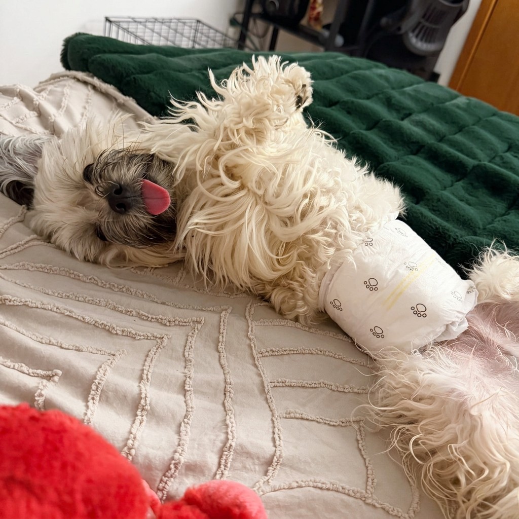 A fluffy small dog stretched out happily on its back on a bed