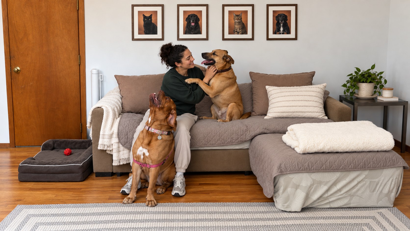 Brenda Cardoso sitting on a sofa at home with two dogs