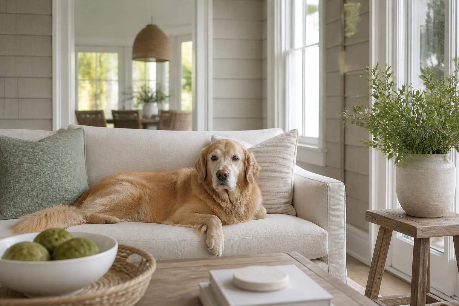 Golden retriever relaxing on a linen sofa inside a bright Hamptons home