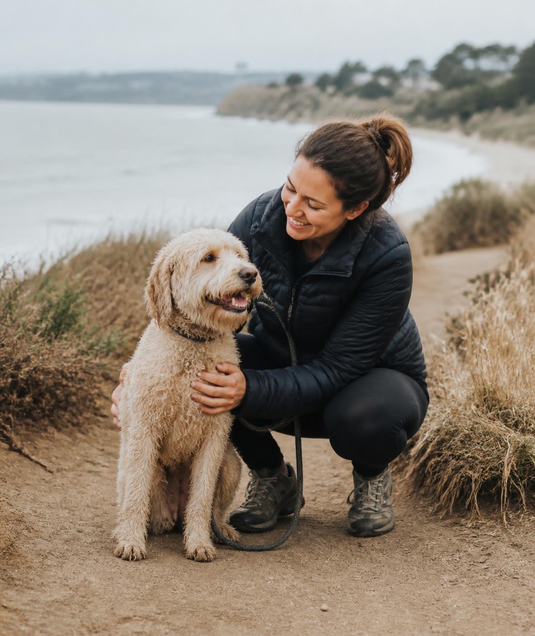 Brenda Cardoso, founder of PetswithBrenda, with a dog on a coastal path