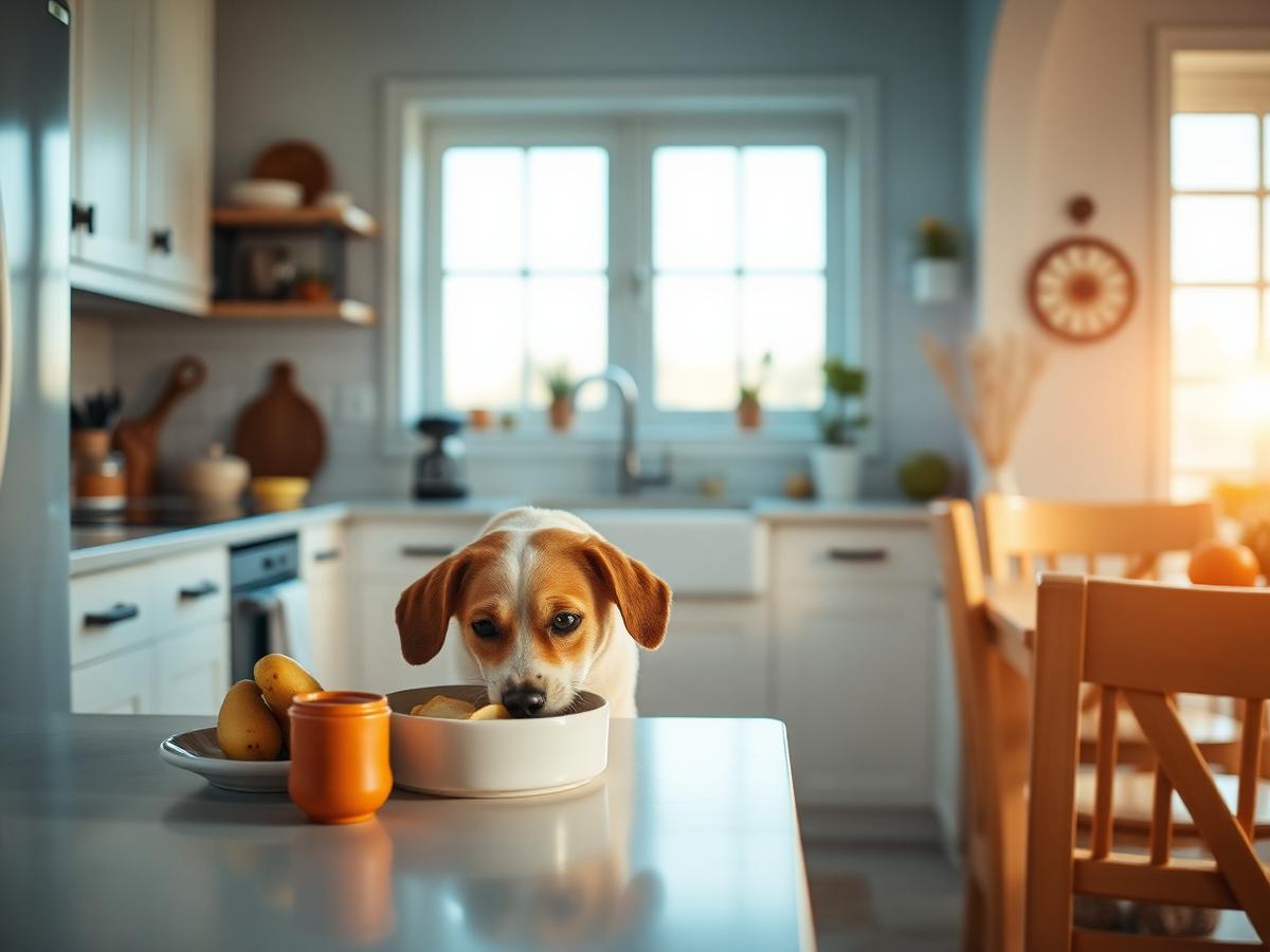 Dog eating breakfast in a bright coastal kitchen