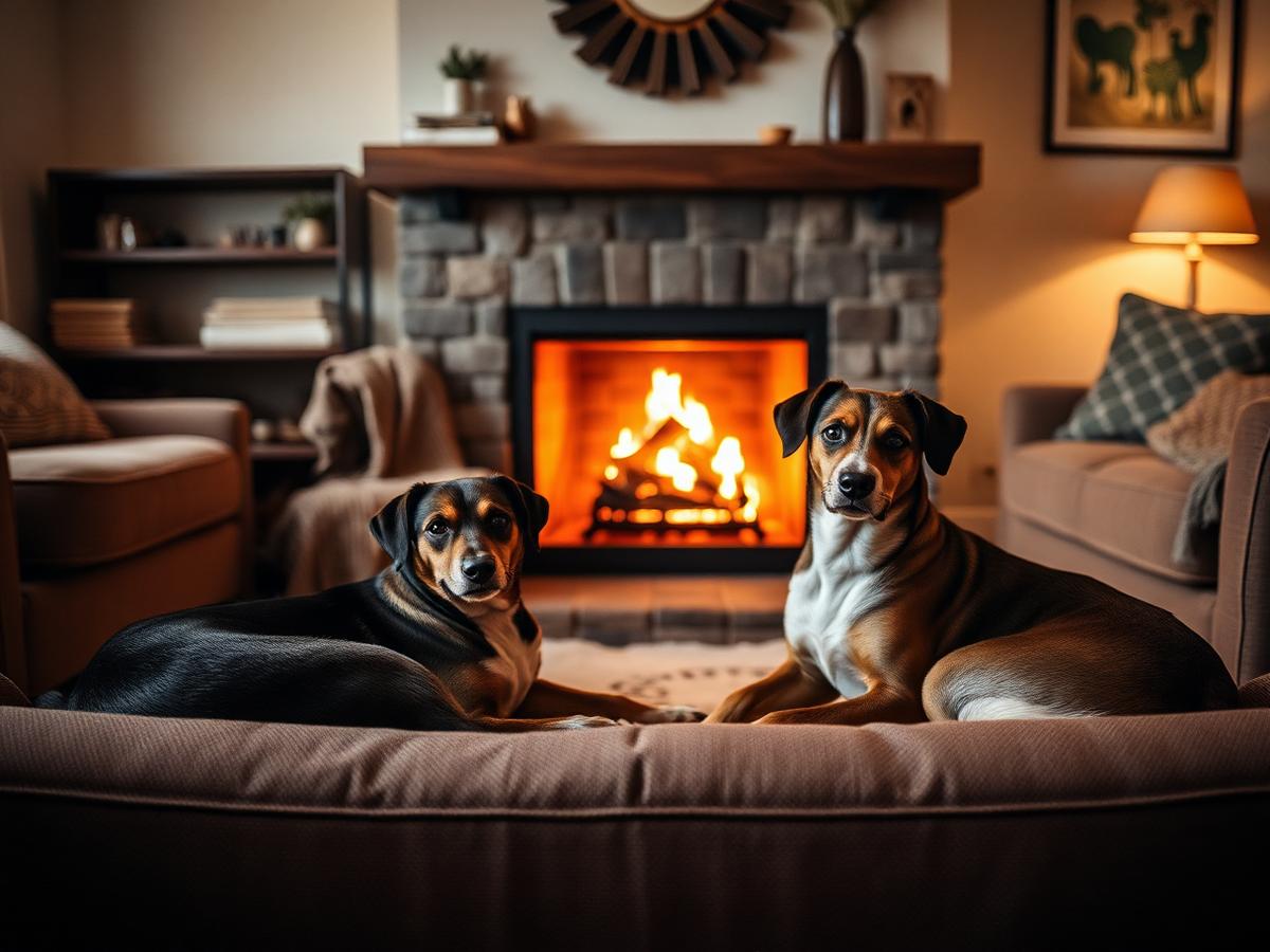Two dogs relaxing by the fireplace during a home boarding stay