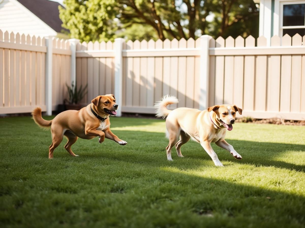 Two dogs playing in a fenced backyard during half day care