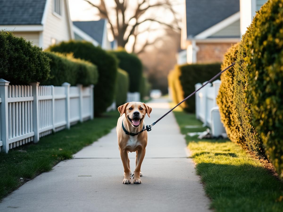 Dog on a leash walking a quiet Hamptons village sidewalk