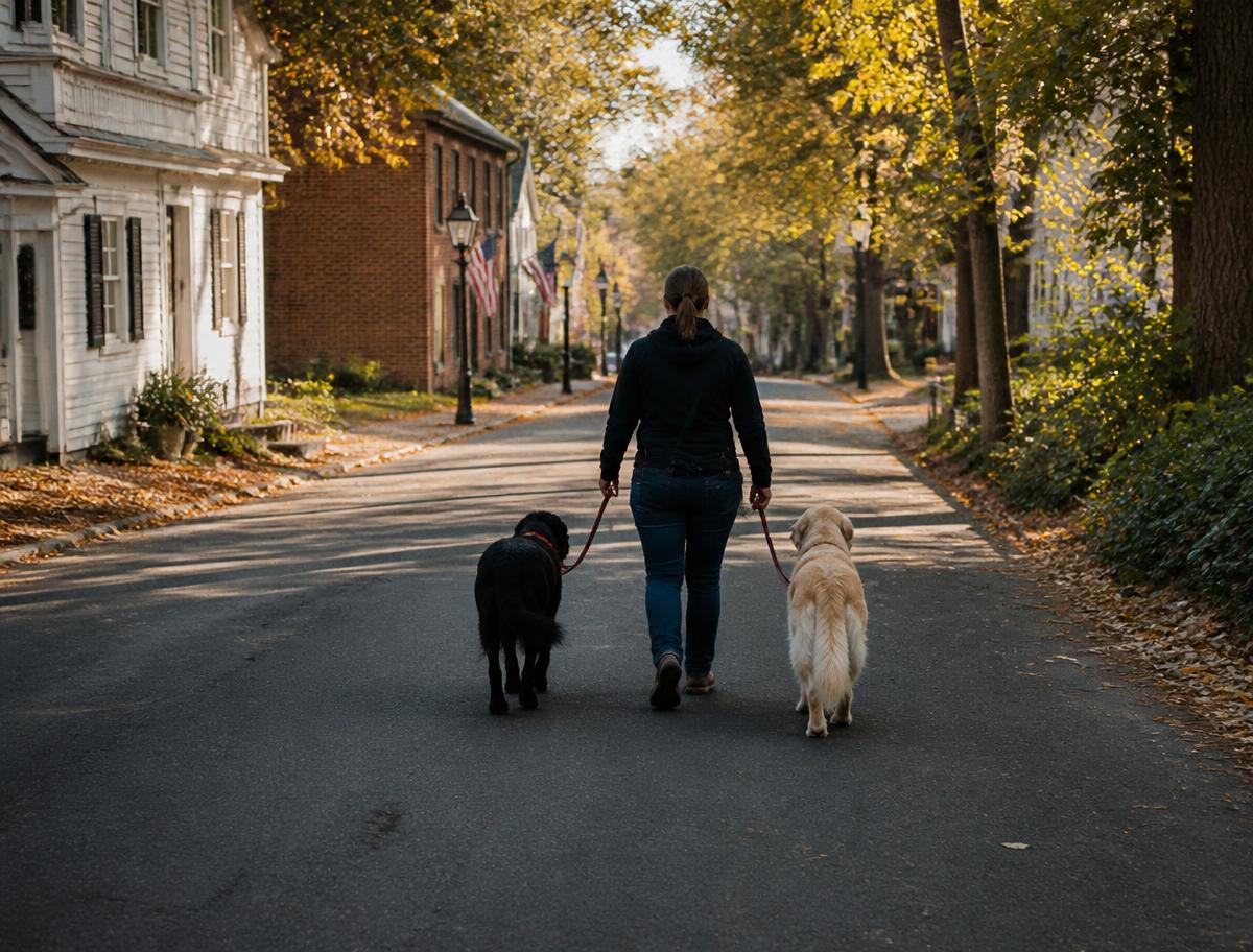 Pet sitter walking two dogs on a quiet village street